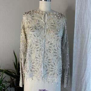 Women’s M/L Blouse Cream Beaded Lace Sheer Bell-Sleeved Boatneck 1960s Vintage